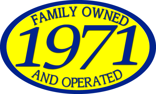 Oval-shaped sticker with a yellow background and blue border. Text reads "FAMILY OWNED AND OPERATED 1971" in bold blue letters.