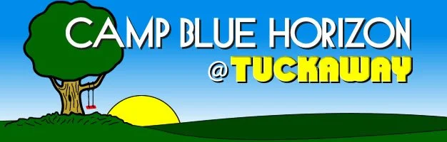 Logo for Camp Blue Horizon at Tuckaway featuring a green tree with a tree swing, a yellow sun setting on a green hill, and colorful text.