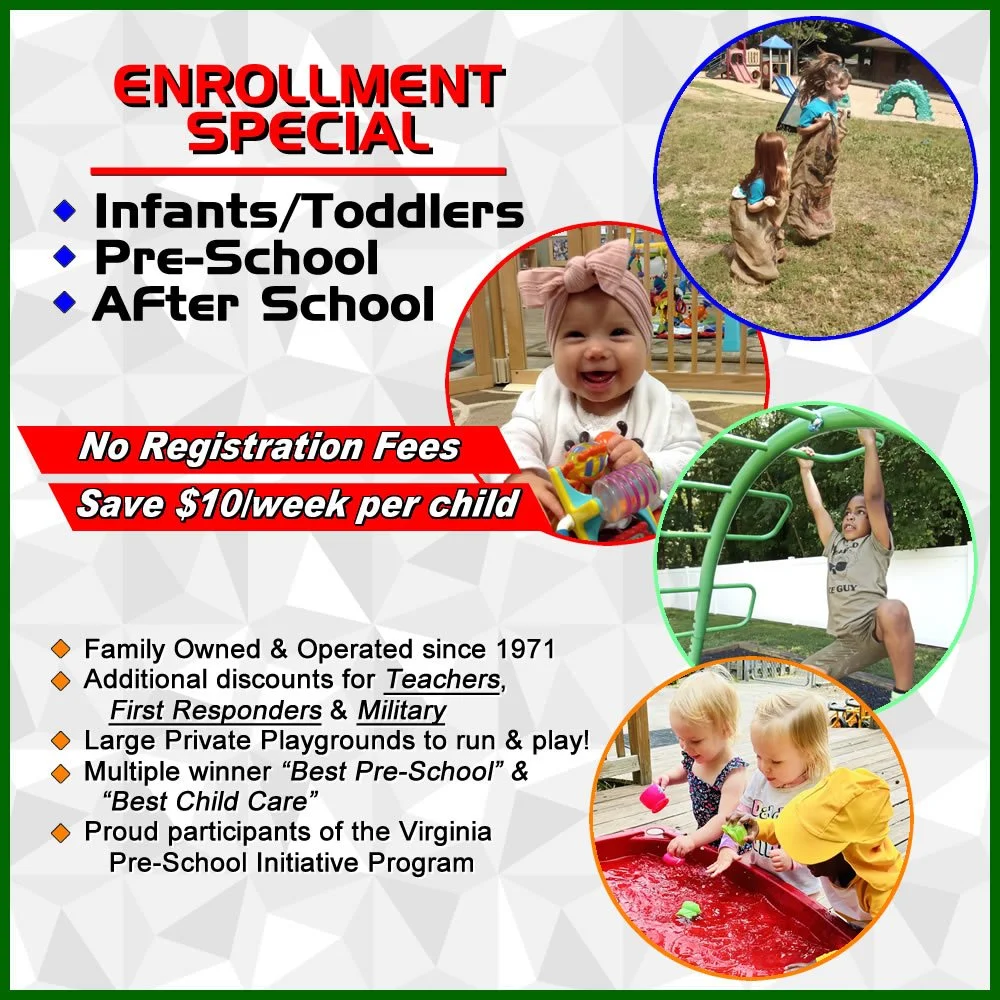 Flyer advertising enrollment special for infants, toddlers, pre-school, and after school programs with images of children playing at playgrounds and engaging in activities.