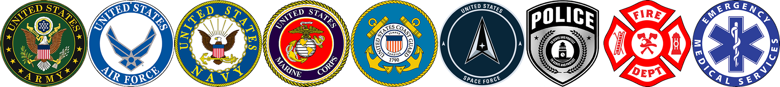 A row of United States military service branch logos, including Army, Air Force, Navy, Marine Corps, Coast Guard, Space Force, and emergency services like police, fire department, and emergency medical services.