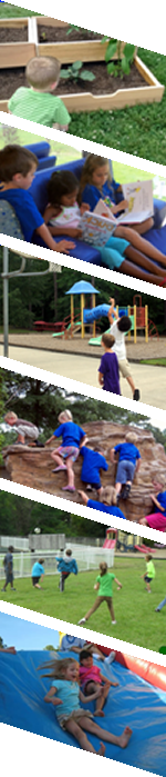 Children playing in a garden, reading books outdoors, playing on a playground, climbing on rocks, playing soccer, and sliding on an inflatable slide.