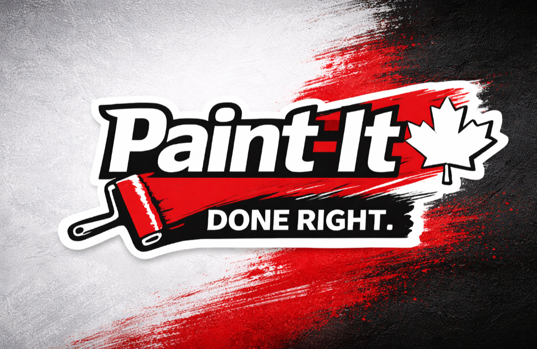 A graphic logo with a paint roller, the text 'Paint It Done Right' with a Canadian maple leaf on the right side, and a red and black paint splash background.