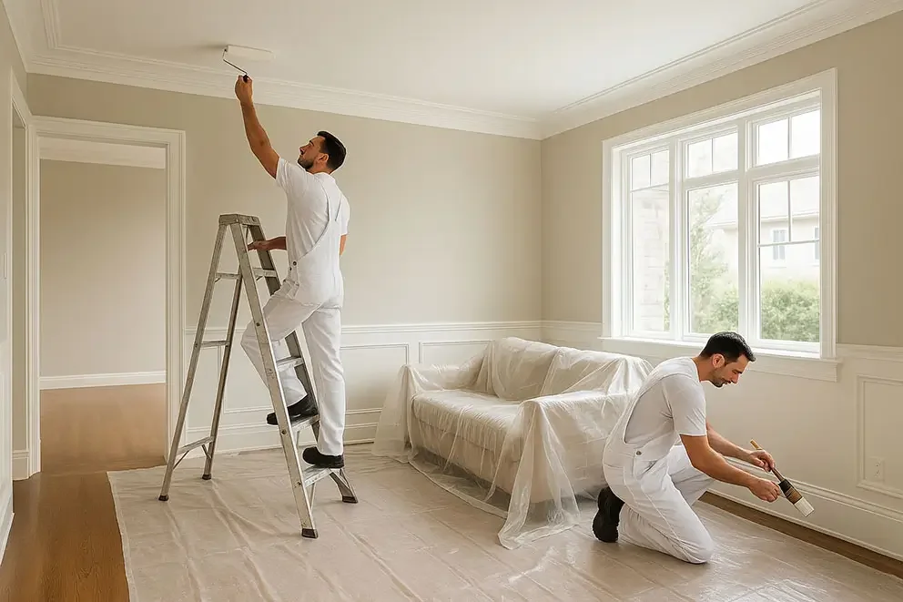 Two men in white painted walls, one on a ladder painting the ceiling, the other kneeling on the floor painting baseboards, with a plastic cover on furniture in a bright room with large windows.