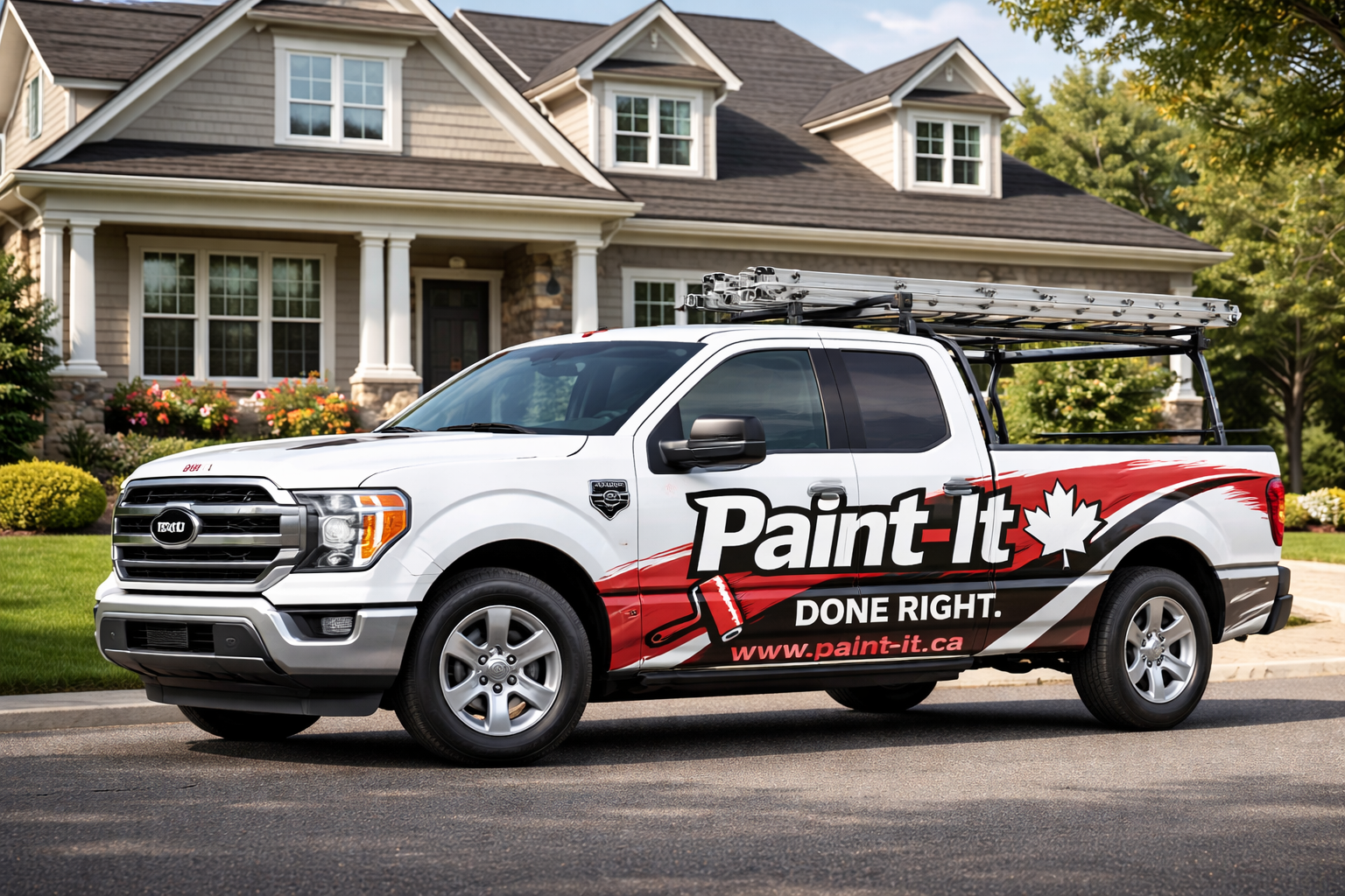 A white pickup truck with branding for Paint-It on the side, parked in front of a house with a well-manicured lawn and flower beds.