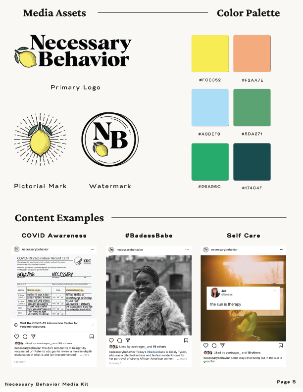 Necessary Behavior’s media kit showcases its bold visual identity that centers equity, community, and action through cohesive branding, campaign graphics, and social storytelling. It highlights the organization’s mission with human-centric storytelli