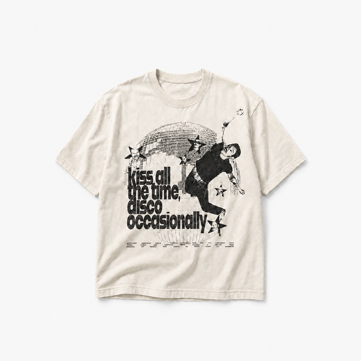 Harry Styles: A T-shirt inspired by Kiss All the Time, Disco Occasionally. I wanted it to feel like a vintage tour tee with a little glamour, so I paired bold type with worn disco references.