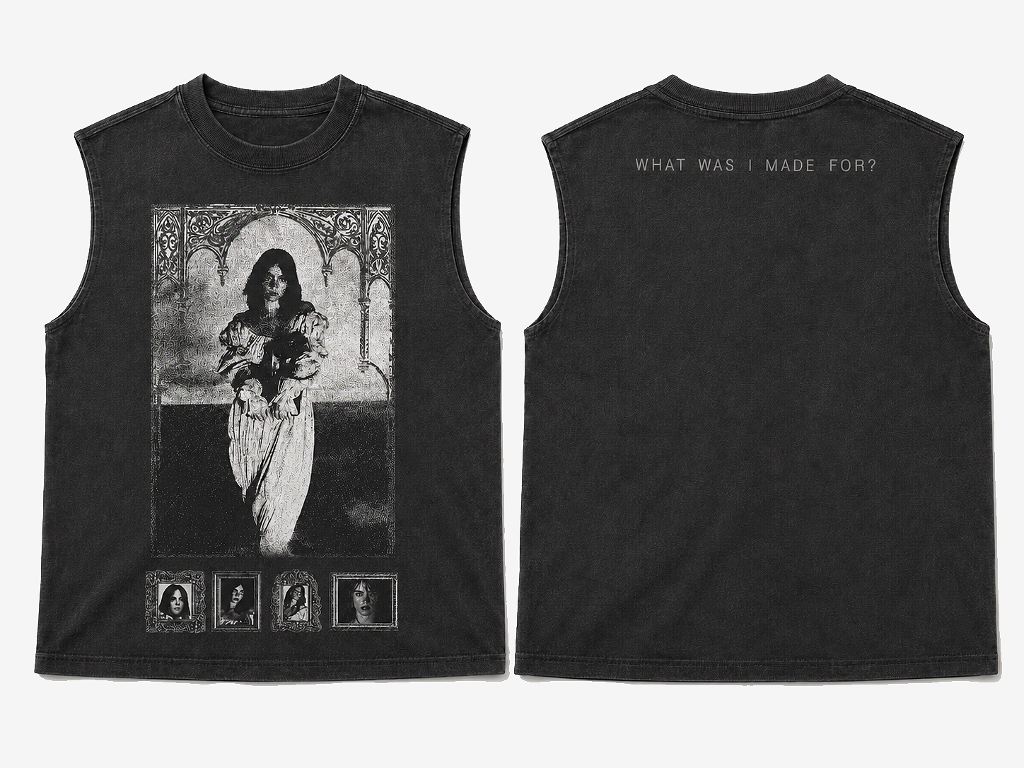Billie Eilish: A muscle tee inspired by What Was I Made For? I wanted the softness of the song to feel a little darker, so I paired feminine archival imagery with gothic details to anchor the emotionality of the song.