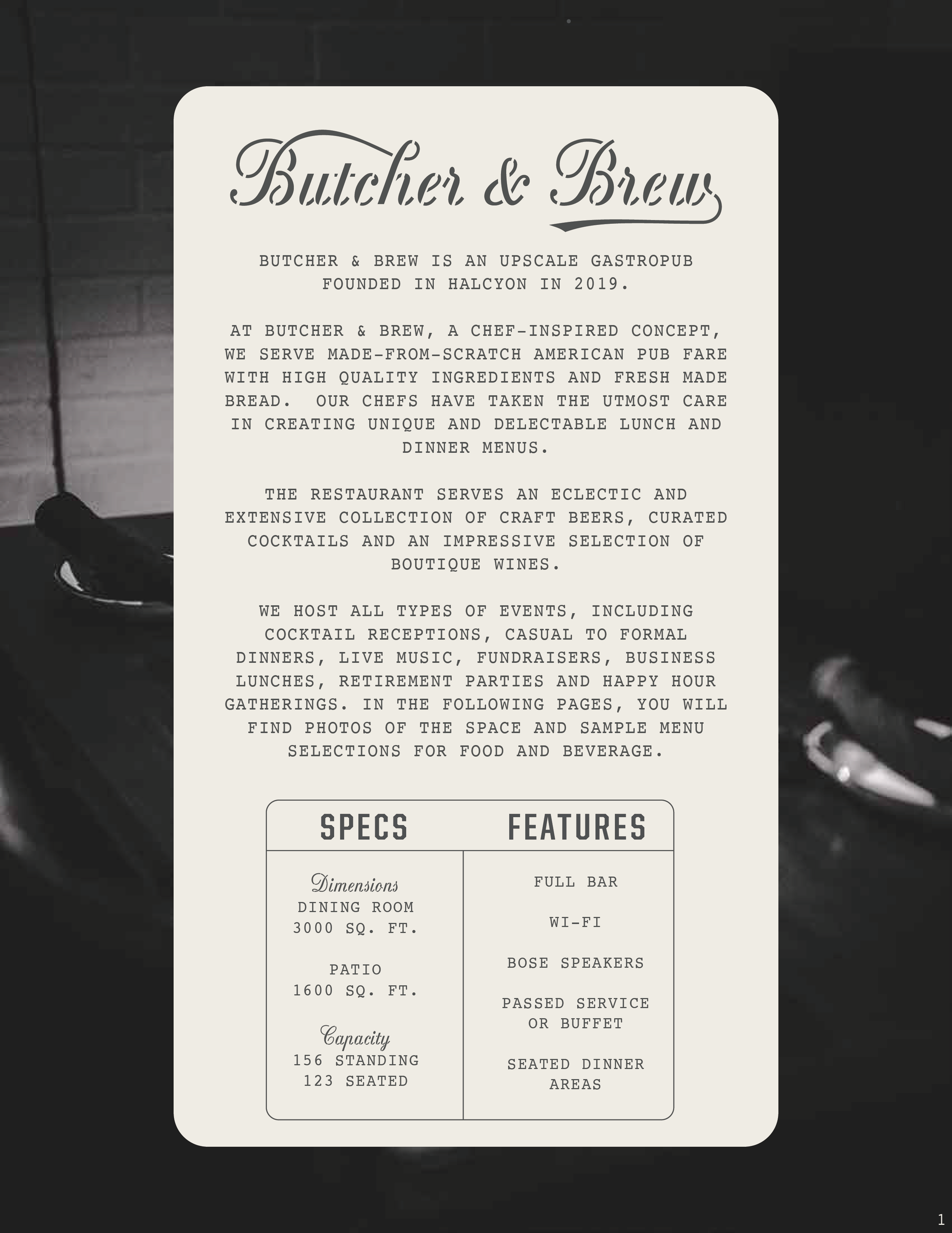 This private events packet is designed to succinctly highlight Butcher & Brew's offerings for both tiered prefix menus and bar packages. Designed in Adobe Illustrator, it is intended for both print and digital use.