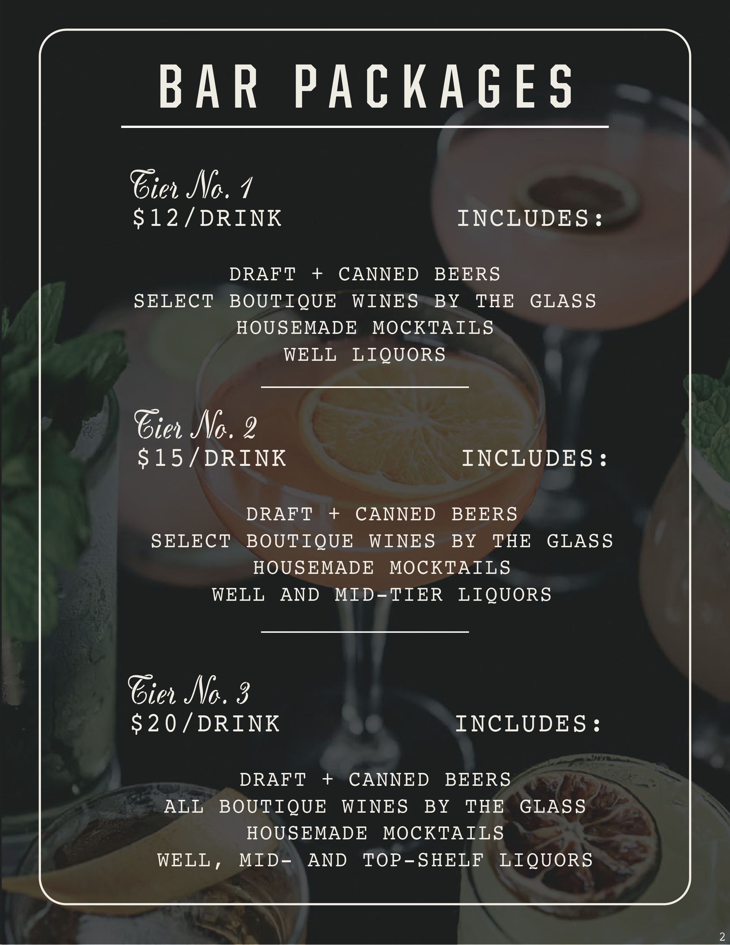This private events packet is designed to succinctly highlight Butcher & Brew's offerings for both tiered prefix menus and bar packages. Designed in Adobe Illustrator, it is intended for both print and digital use.