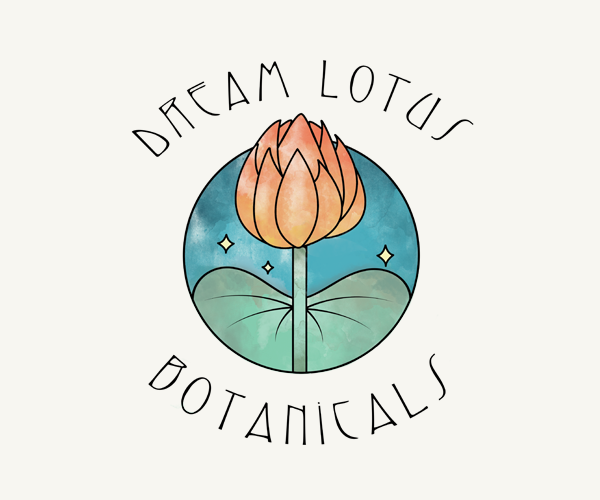 Logo for Dream Lotus Botanicals, a small business creating essential oil and herbal blends, hydrosols, and bath care products.