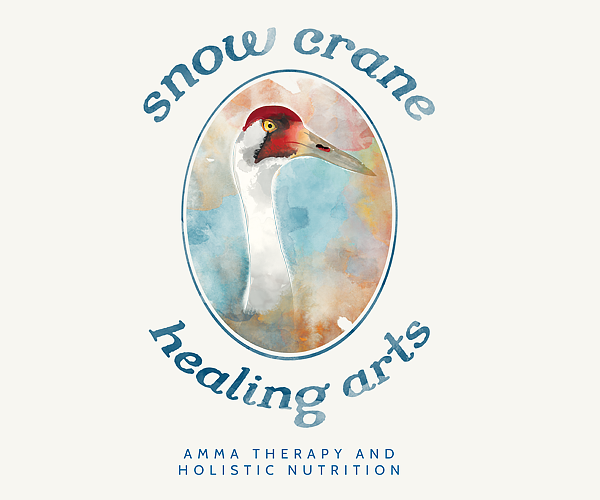 Concept logo for Snow Crane Healing Arts, a wellness practice based in Waterbury, Vermont, specializing in amma therapy and holistic nutrition coaching.