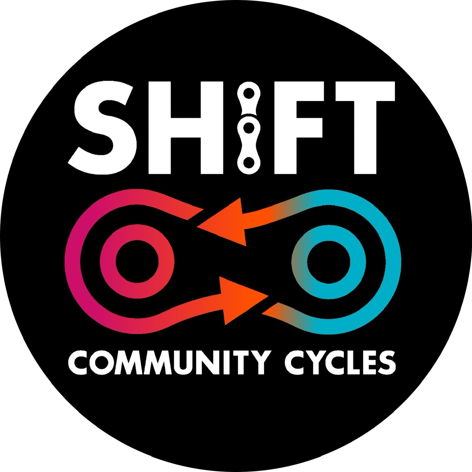 Circle with a black background featuring two stylized arrows and two rings, one pink and one blue, with the word 'SHIFT' above and 'COMMUNITY CYCLES' below.
