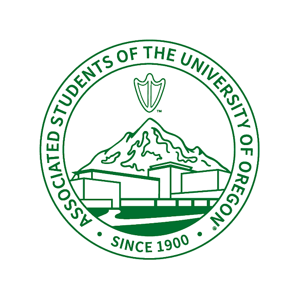 Logo of the Associated Students of the University of Oregon with a mountain, a shield, and a building in green.