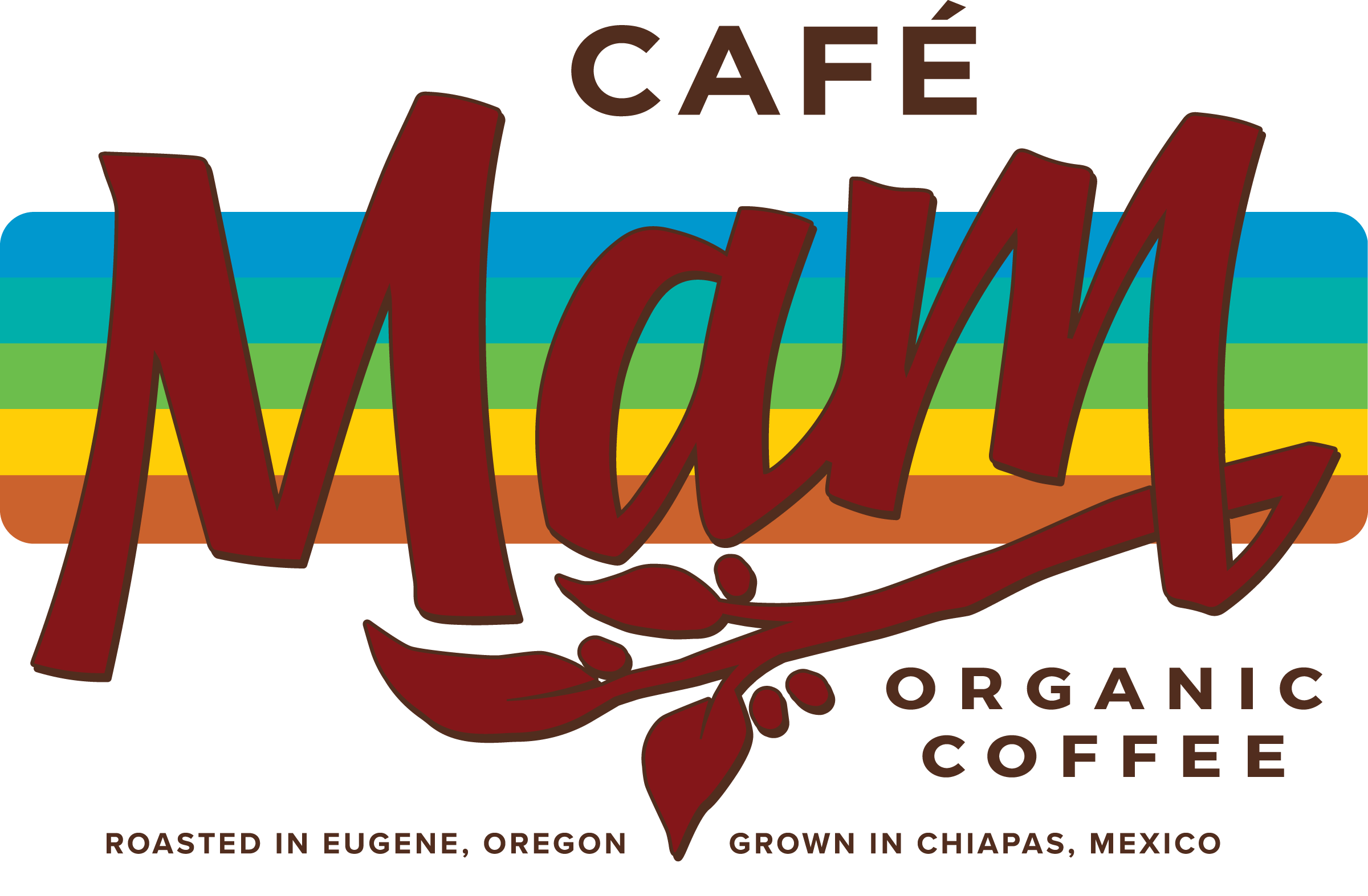 Logo for a coffee brand featuring a dark brown text reading 'café' at the top, large red stylized word 'Mochi', a hand holding a coffee bean, and rainbow-colored stripes in the background. The text below indicates the coffee is roasted in Eugene, Oregon, and grown in Chiapas, Mexico.
