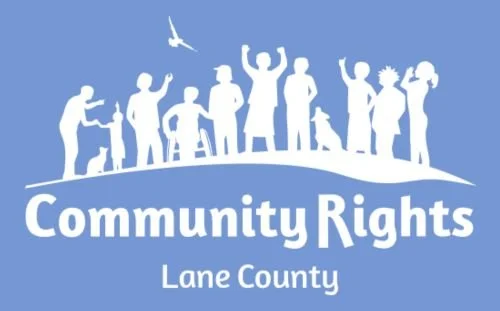 Silhouette of diverse people standing together, some holding tools or gestures, with a bird flying overhead, beneath the text 'Community Rights Lane County'.