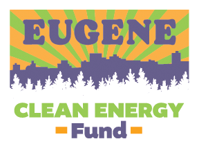 Logo for Eugene Clean Energy Fund with city skyline and sunburst background.
