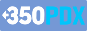 Graphic with white and blue text: '+350 PDX' on blue background