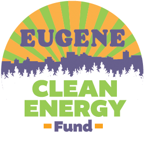 Full color ECEF logo. It says "Eugene Clean Energy Fund" with a skyline of Eugene and forests. This logo is circular..