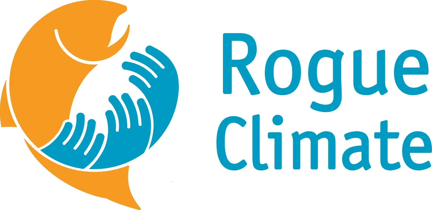 Logo of Rogue Climate featuring a stylized globe with hands around it, in orange and blue colors, alongside the text 'Rogue Climate'