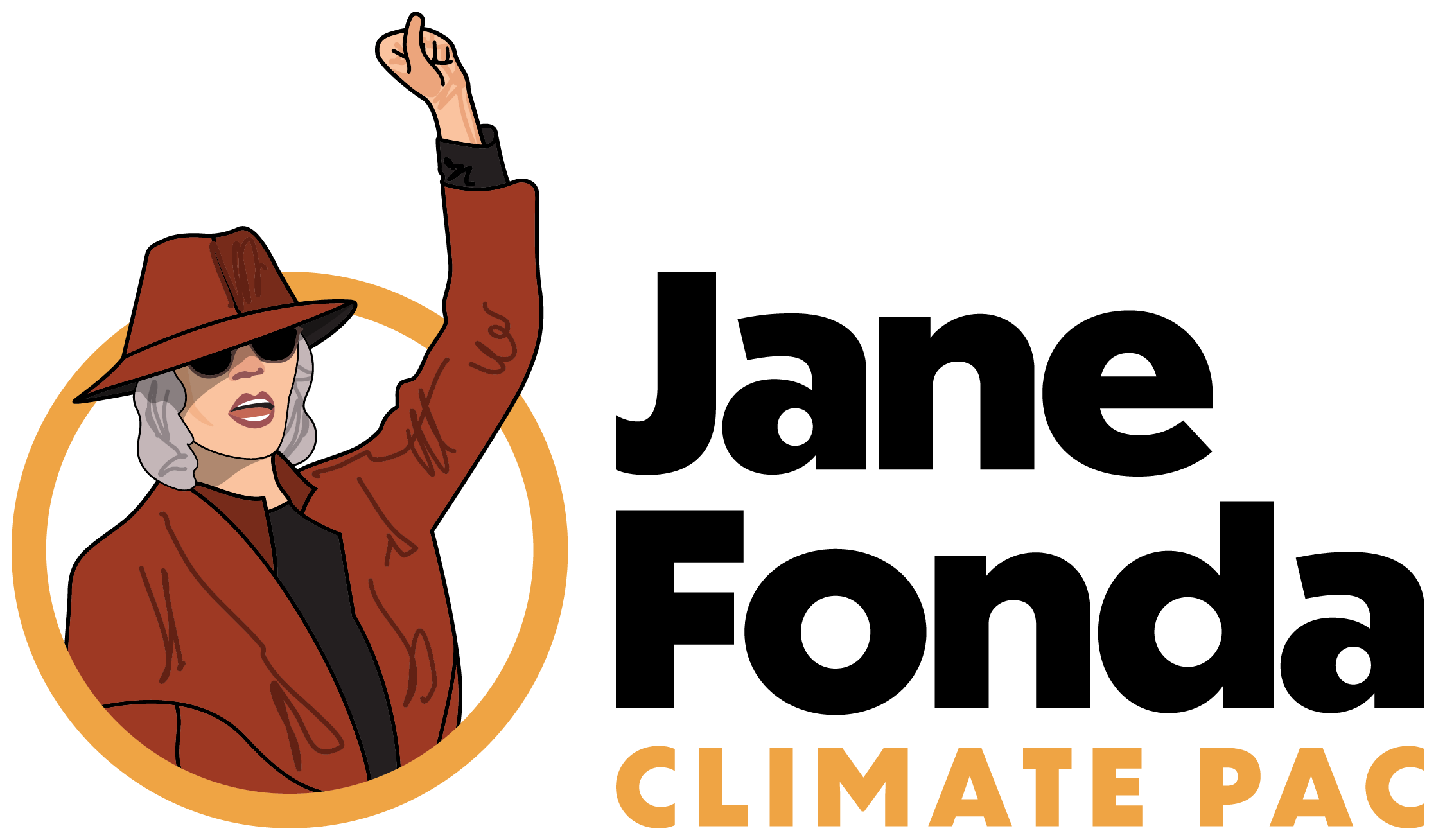 Illustration of a woman wearing sunglasses and a brown hat, raising her fist with the words "Jane Fonda Climate PAC" next to her.