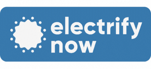 Blue rectangular button with white text that says 'electrify now' and a white gear-shaped icon with dots around it.