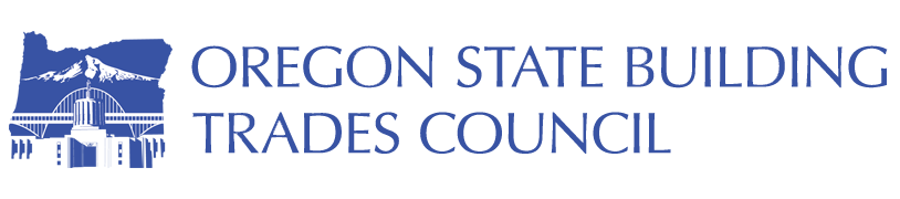 Logo of the Oregon State Building Trades Council with a mountainscape, bridge, and buildings in blue and white