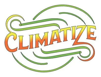 Stylized text that reads 'CLIMATIZE' with green swirling lines around it