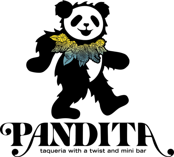 A panda bear illustration with yellow flowers and a blue and purple serpent around its neck on a black background.
