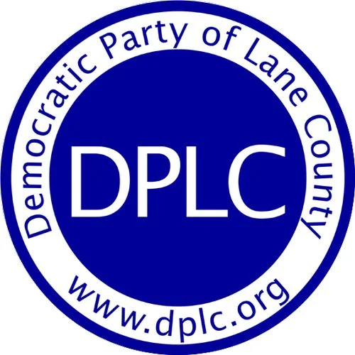 Circular logo for Democratic Party of Lane County with blue and white colors, displaying the website www.dplc.org.