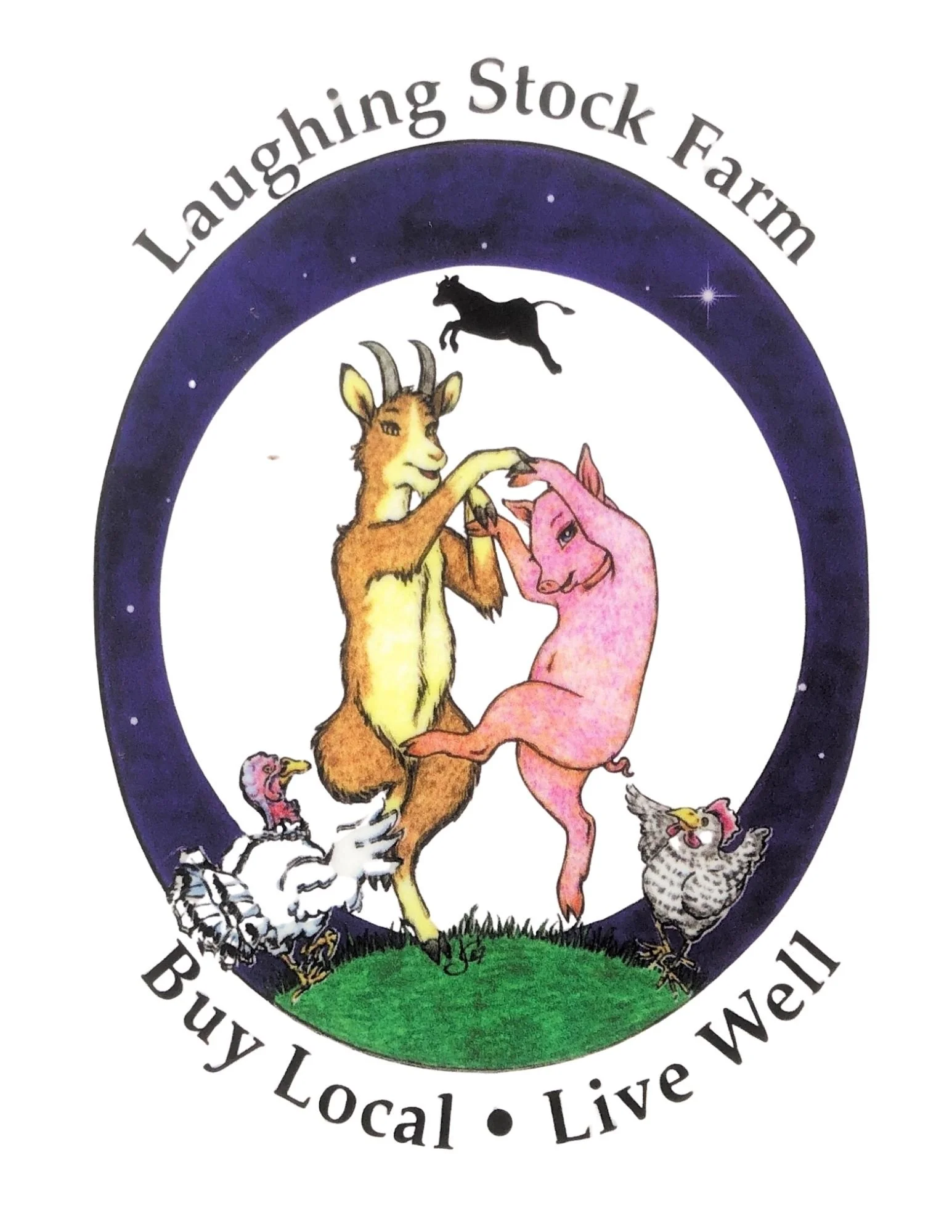 Illustration of a farm logo with a central emblem featuring a goat, pig, chicken, and rooster standing on grass, with a black panther jumping overhead and a starry purple night sky in the background. The surrounding text reads 'Laughing Stock Farm' at the top and mentions 'Buy Local' and 'Live Well' at the bottom.