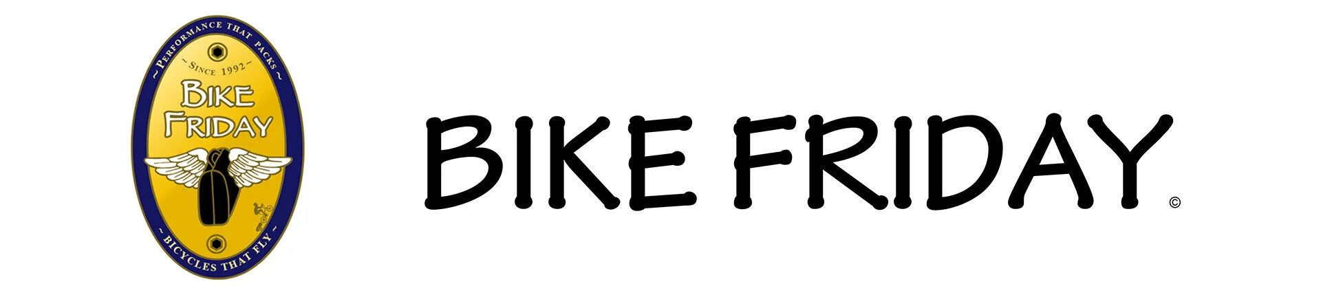 Logo for Bike Friday featuring a black bomb with white wings on a yellow oval background, surrounded by a blue border with gold text that reads 'Performance that packs bikes that fly, since 1992.' Next to the logo, the bold black text reads 'Bike Friday.'
