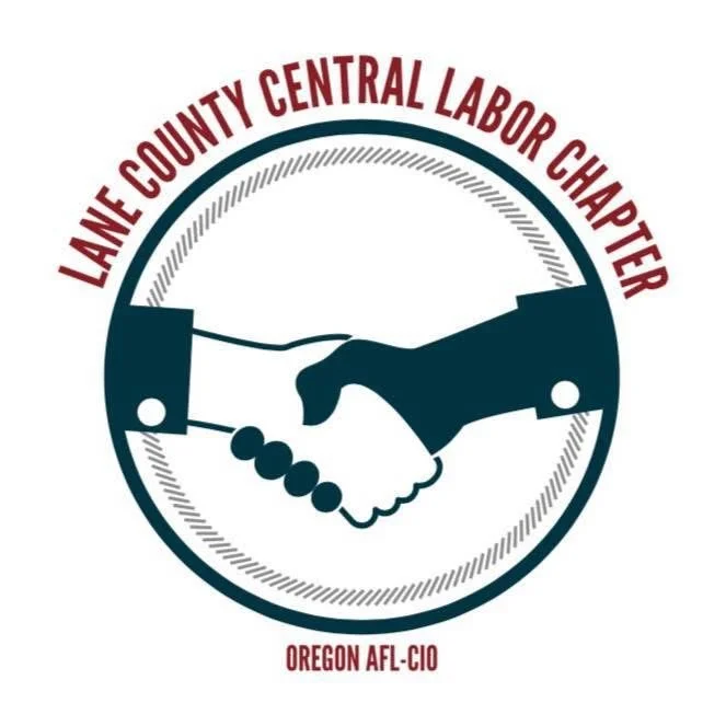 Logo of Lane County Central Labor Chapter, featuring two hands shaking inside a circle, with the text 'Lane County Central Labor Chapter' at the top and 'Oregon AFL-CIO' at the bottom.