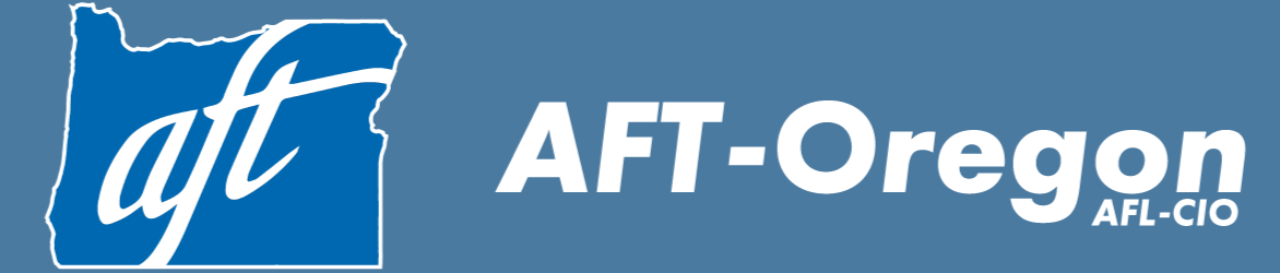 Logo for AFT-Oregon AFL-CIO showing a stylized outline of the state of Oregon with "aft" written inside it, and "AFT-Oregon" text to the right.