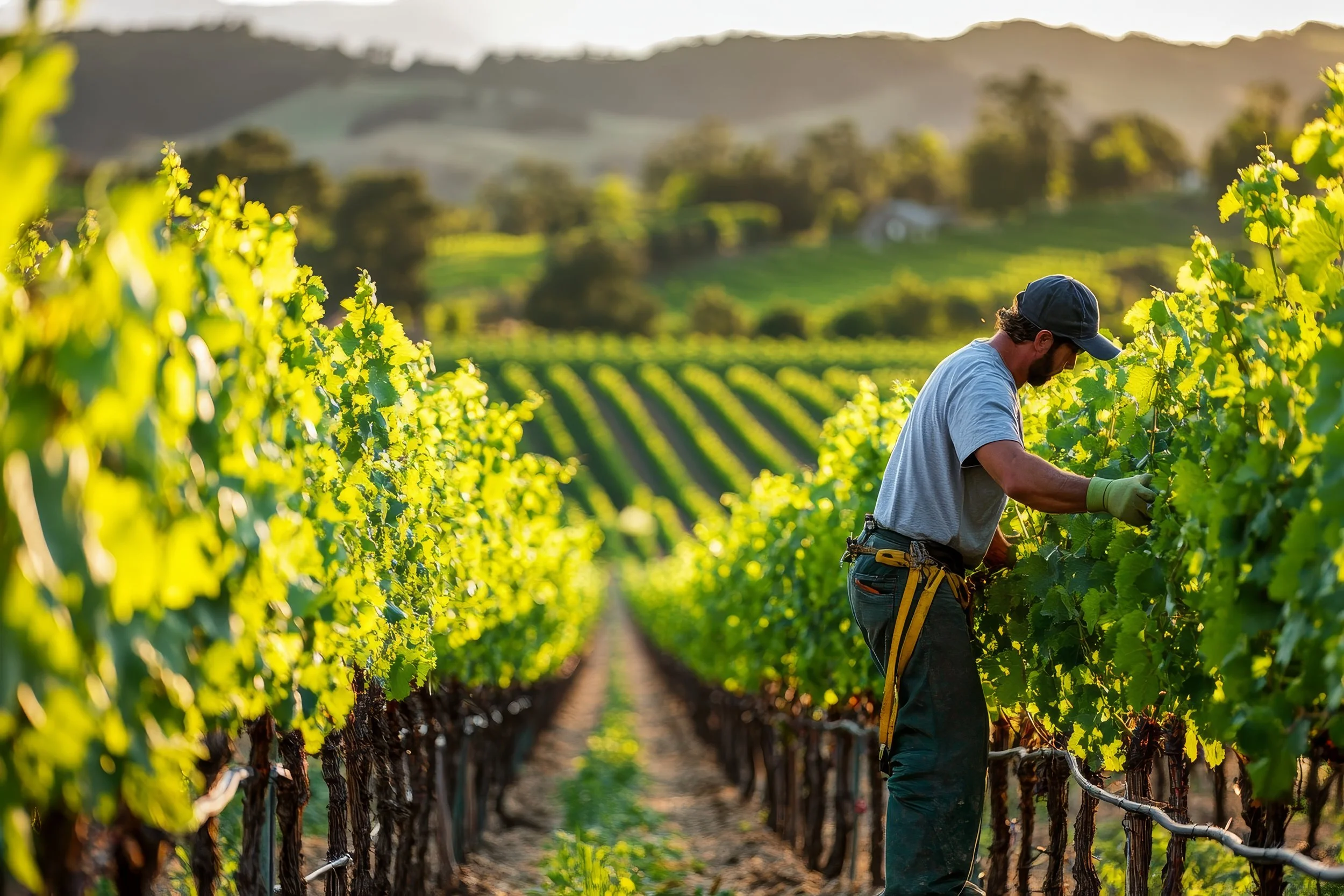 A man working in a vineyard during the day with rows of grapevines and green hills in the background.