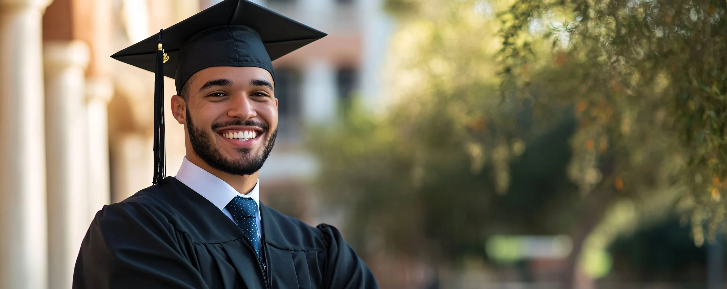 Young man in graduation gown and cap smiling outdoors with trees and building in the background.