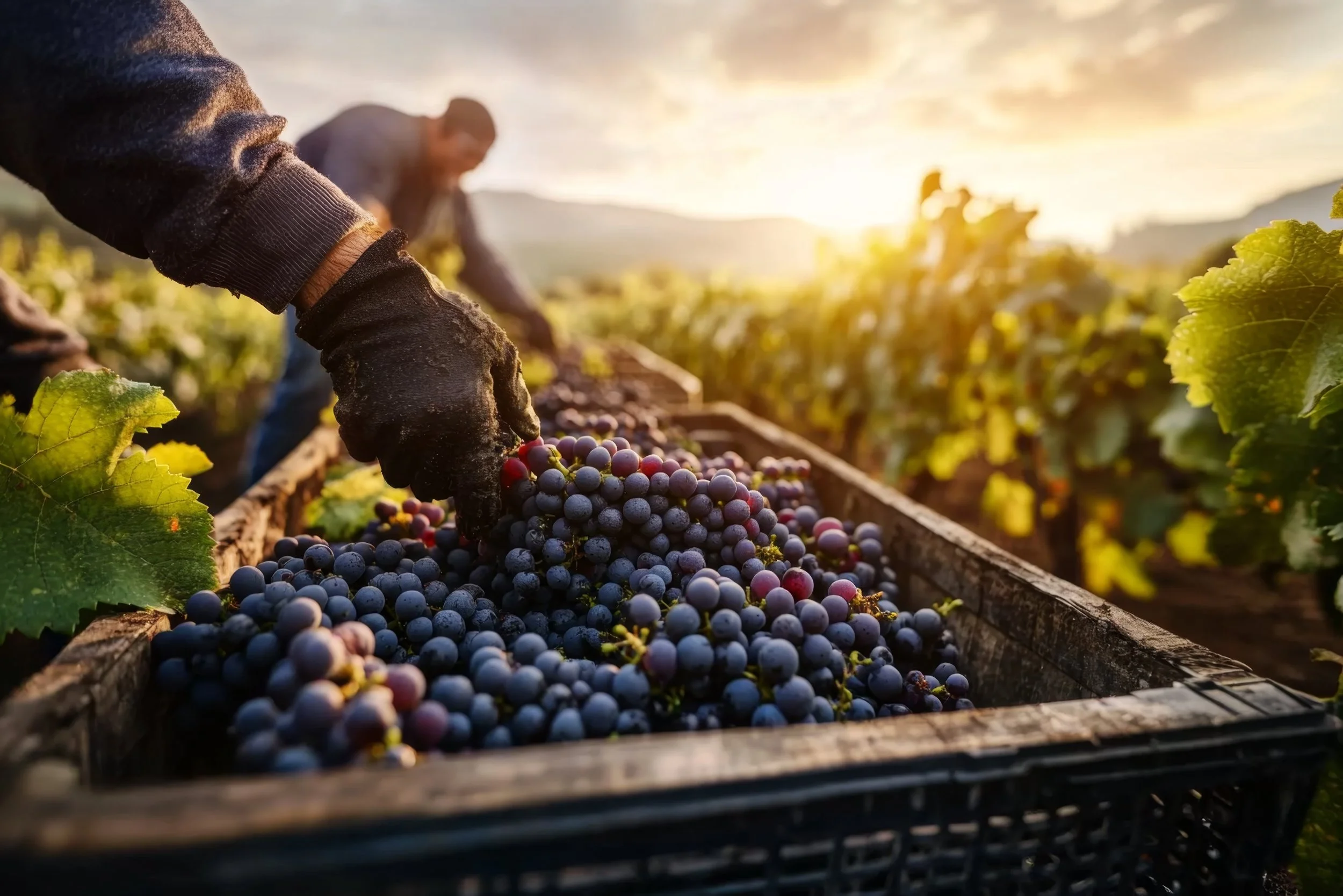 Trabajadores vendimiando al atardecer en un viñedo.