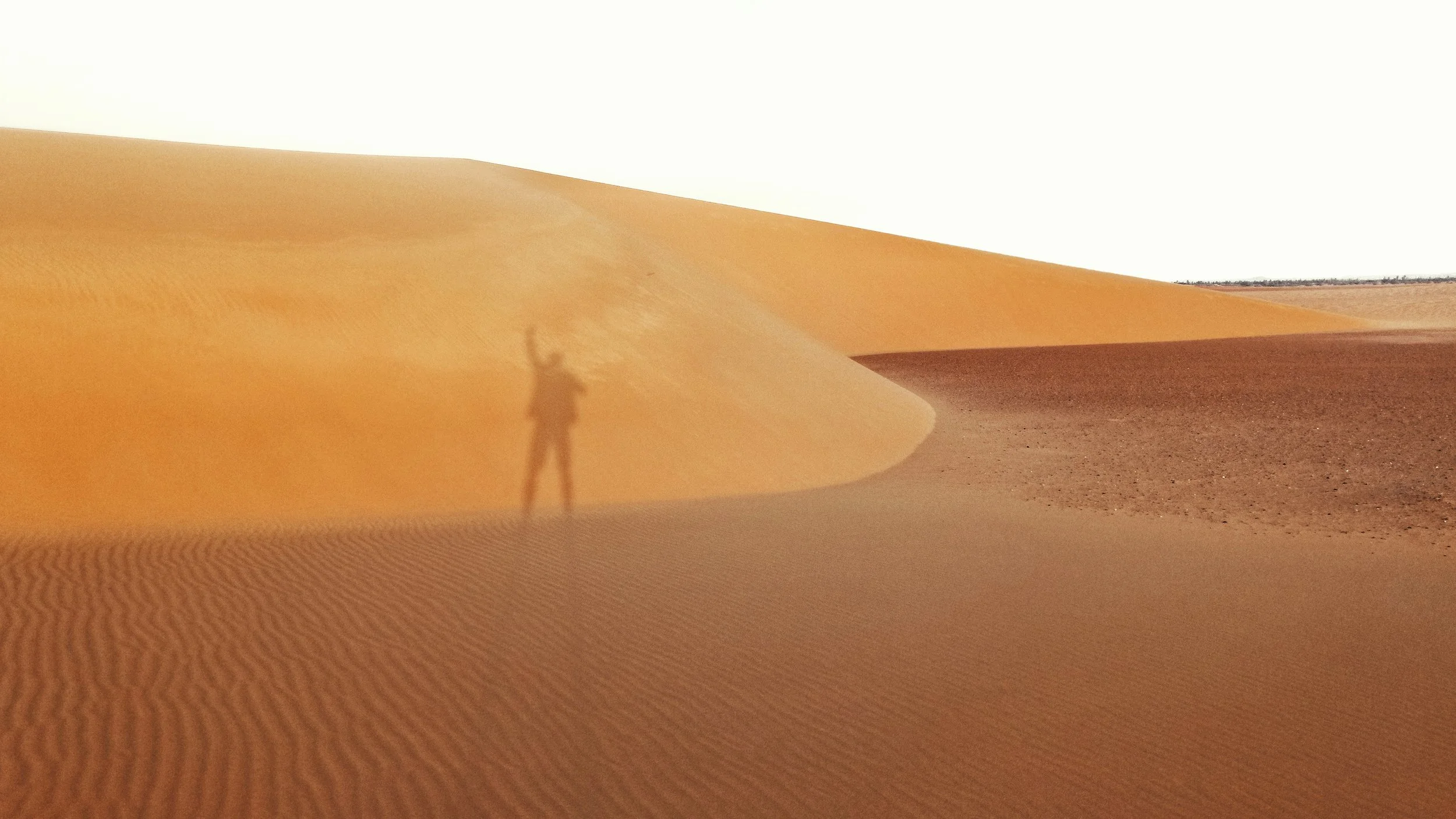 Person standing on a sand dune in a desert, casting a shadow on the sand.