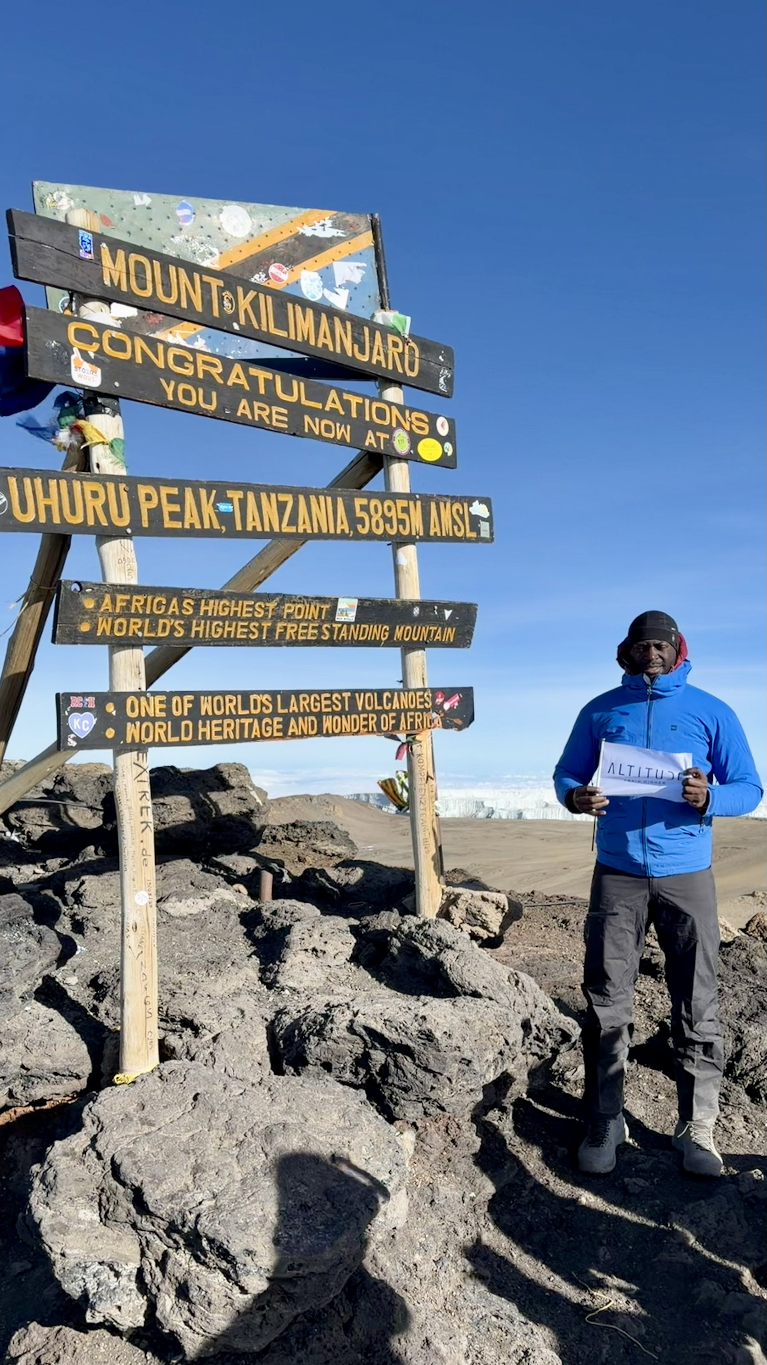 Person standing next to a sign at Uhuru Peak, Mount Kilimanjaro in Tanzania, which is 5895 meters above sea level. The sign highlights that it is Africa's highest point, the world's highest free-standing mountain, and one of the world's largest volcanoes. The person is holding a paper that says 'ALTITUDE'.