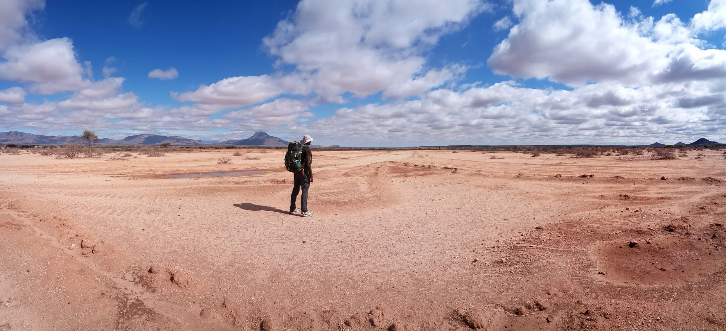 A person with a backpack standing in a vast, arid desert landscape under a partly cloudy sky, with mountains in the distance.