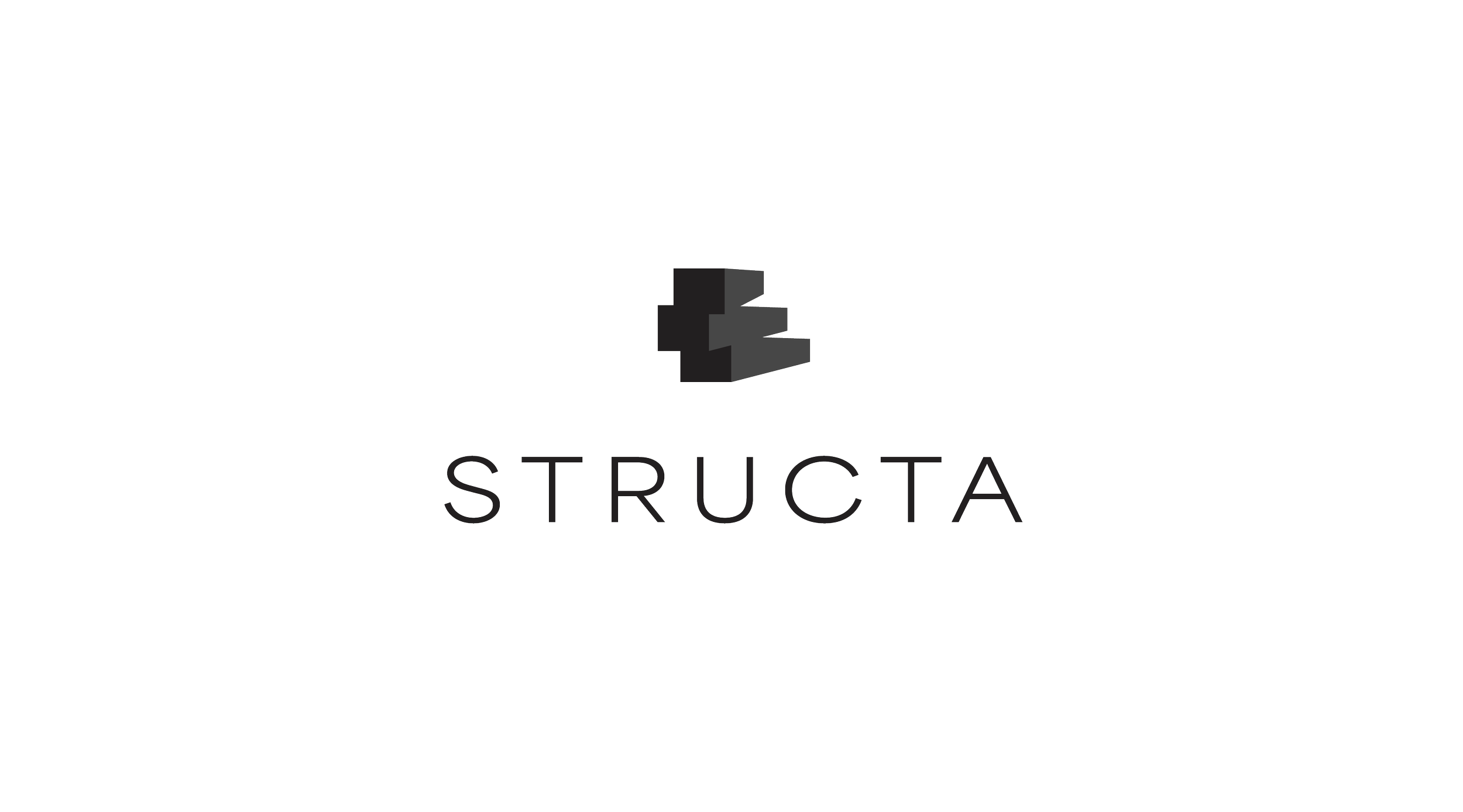 Logotipo de la palabra 'STRUCTA' con un icono abstracto en tonos oscuros en el centro