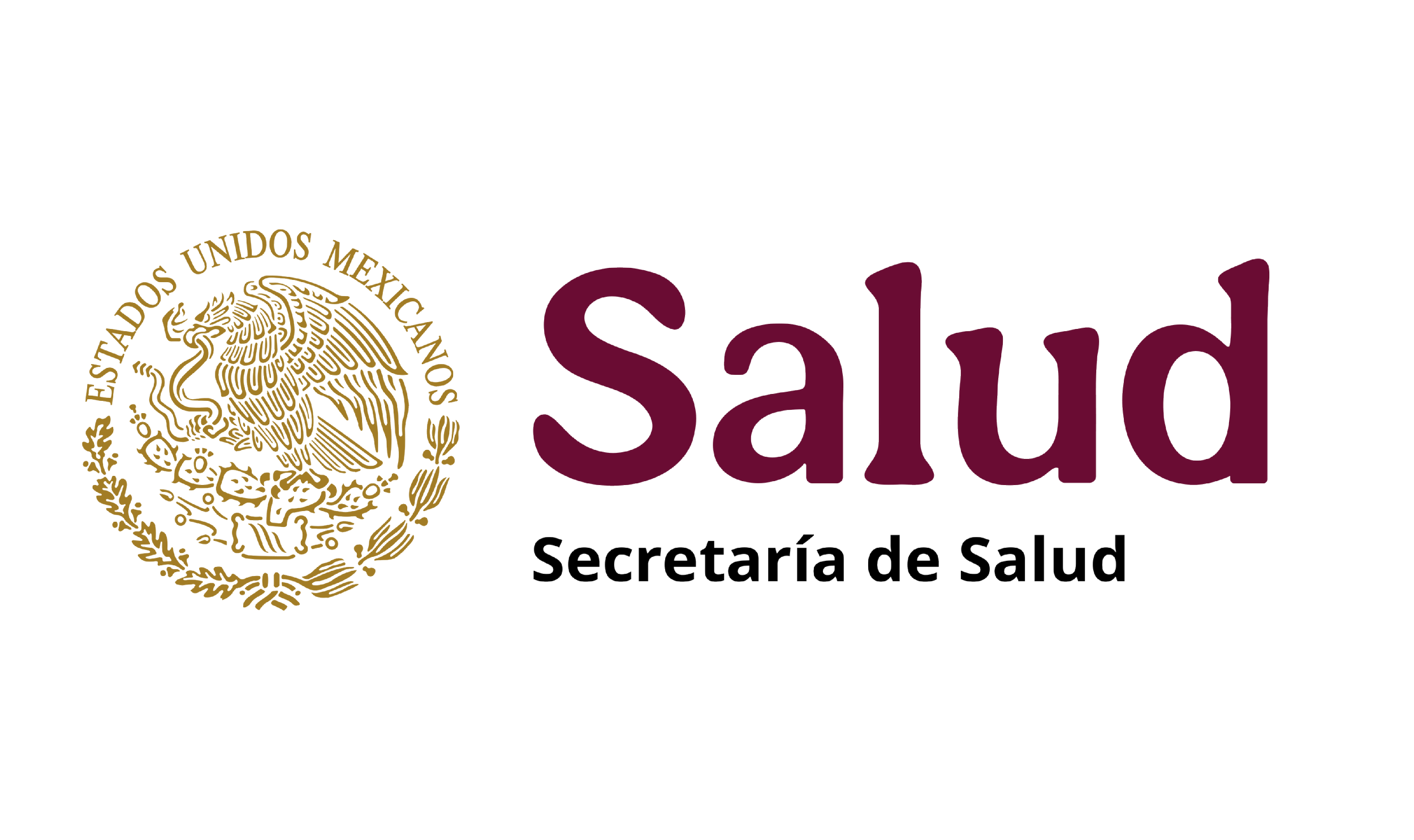 Logo de la Secretaría de Salud de México con un escudo dorado y el texto 'Salud Secretaría de Salud' en letras moradas y negras.