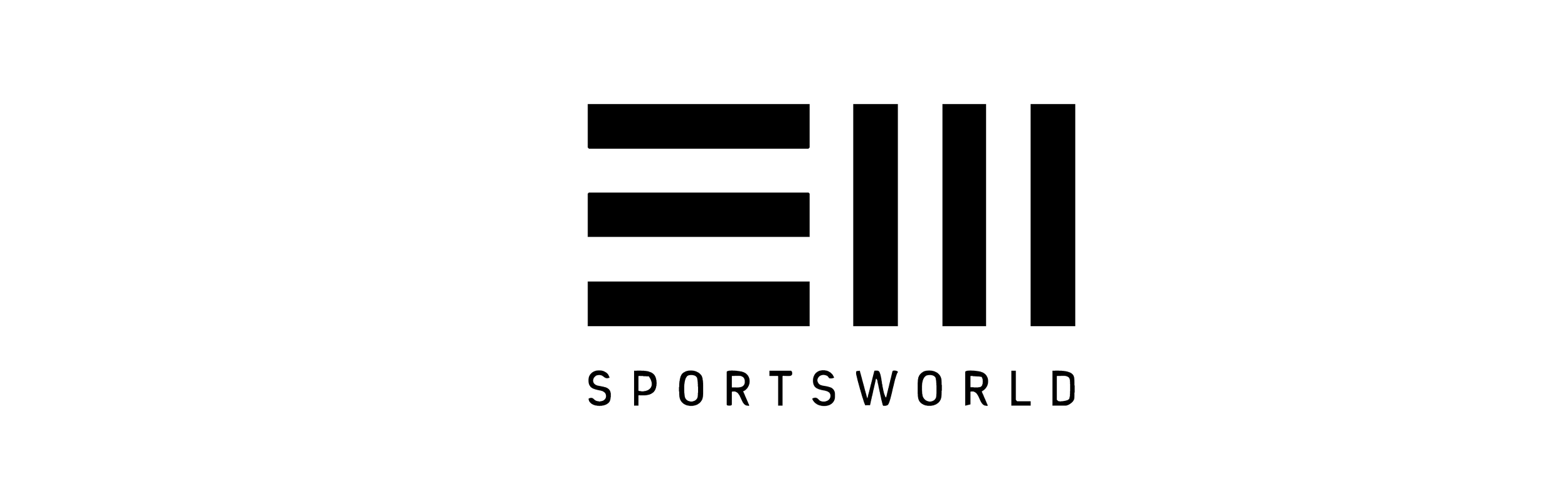 Logotipo de Sportsworld con letras en blanco y negro con un diseño de barras verticales y horizontales.