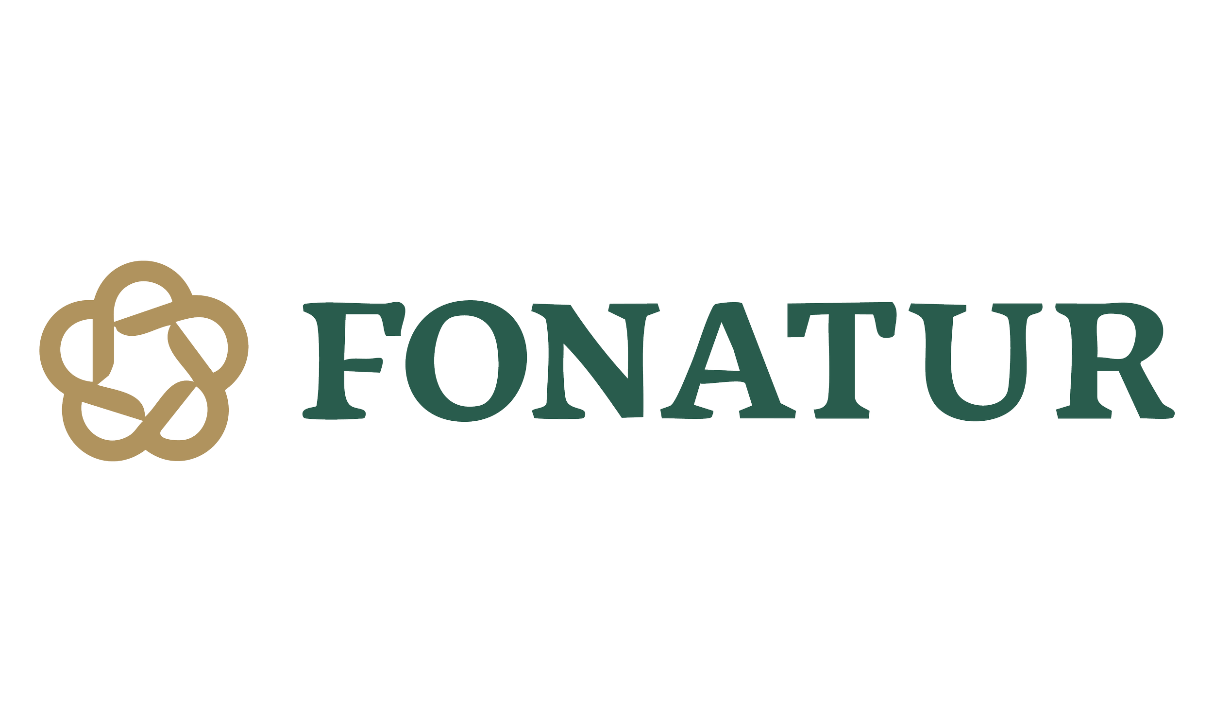 Logotipo con símbolo entrelazado de color dorado y texto en verde oscuro que dice 'FONATUR'