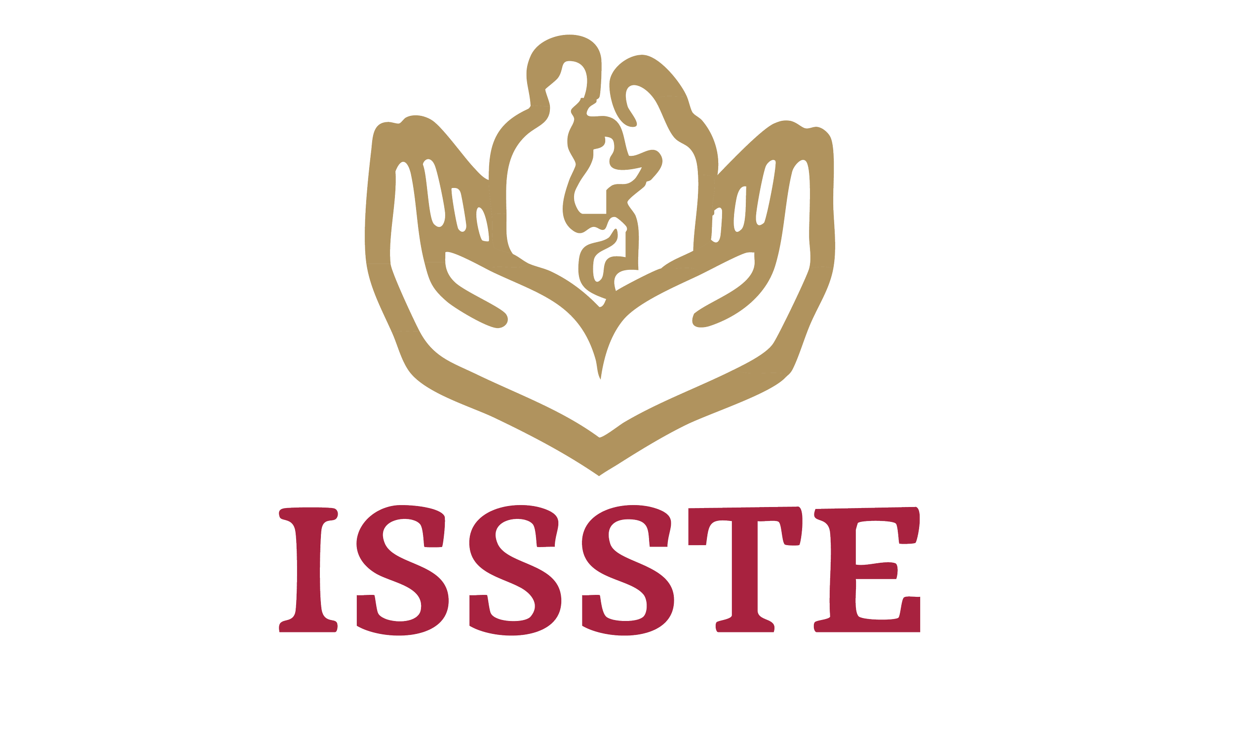 Logotipo de ISSSTE con manos que sostienen una figura de dos personas y una figura de caduceo en color dorado, y el texto ISSSTE en color burdeos.