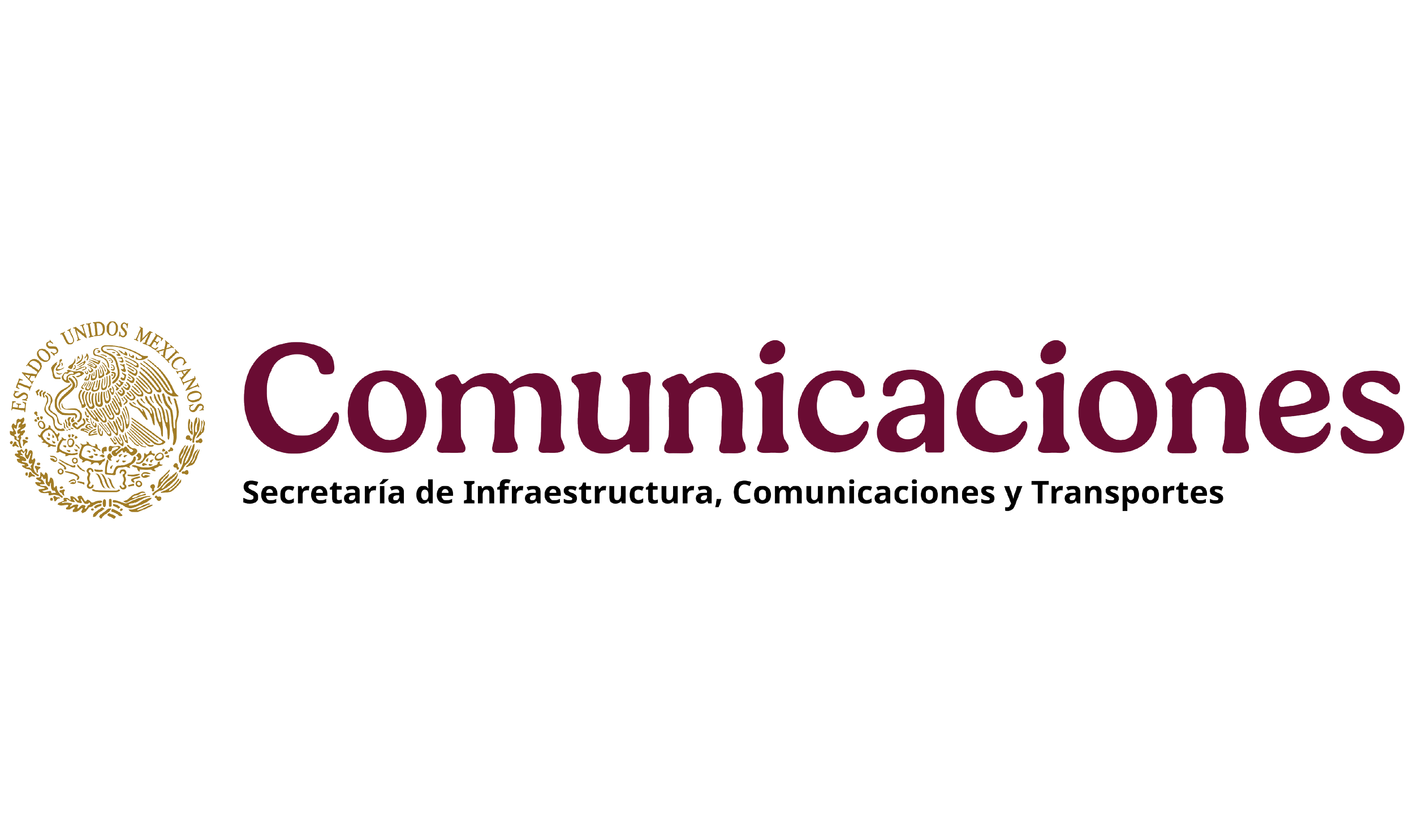 Logo de la Secretaría de Infraestructura, Comunicaciones y Transportes de México, con el escudo nacional a la izquierda y la palabra 'Comunicaciones' en letras moradas grandes, debajo 'Secretaría de Infraestructura, Comunicaciones y Transportes' en letras negras.