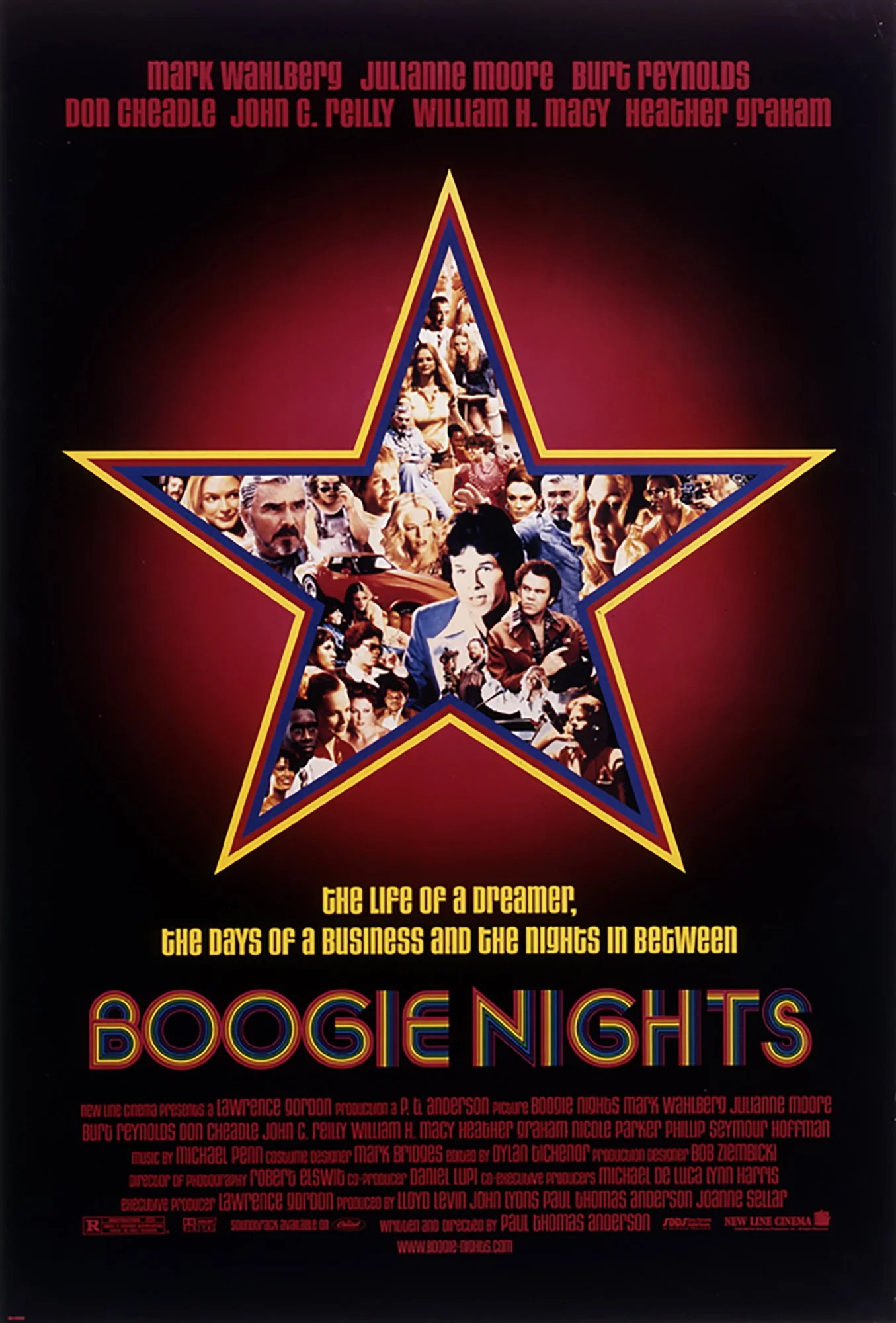 A movie poster for 'Boogie Nights' showing a large star with a collage of scenes and characters inside it, with the title at the bottom in colorful text, and credits and tagline above.