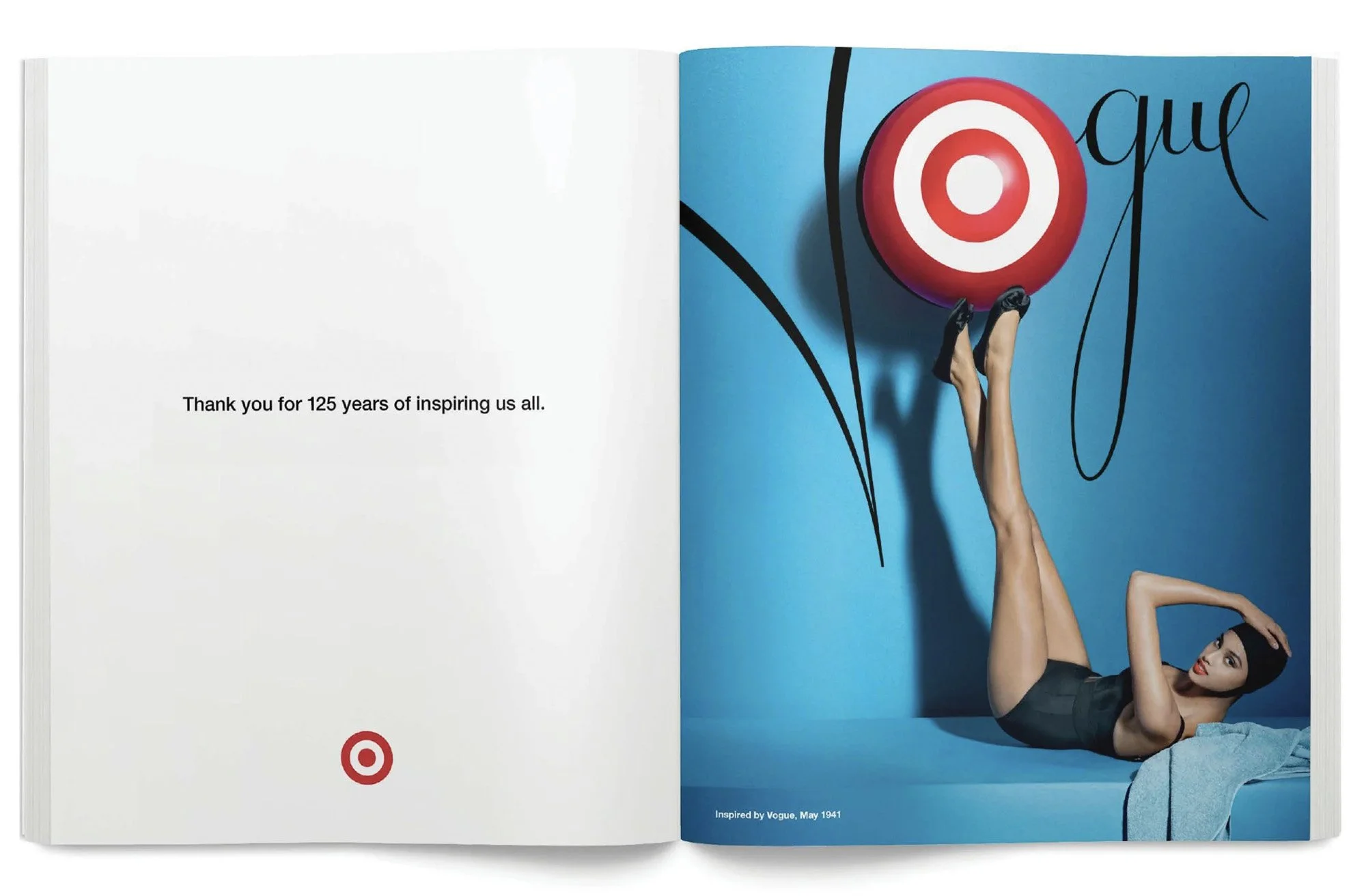 Open magazine with a white left page containing black text and a red Target logo at the bottom, and a right page with a bright blue background showing a woman lying on her back, holding a target bullseye balloon with her hand, and her legs raised in 
