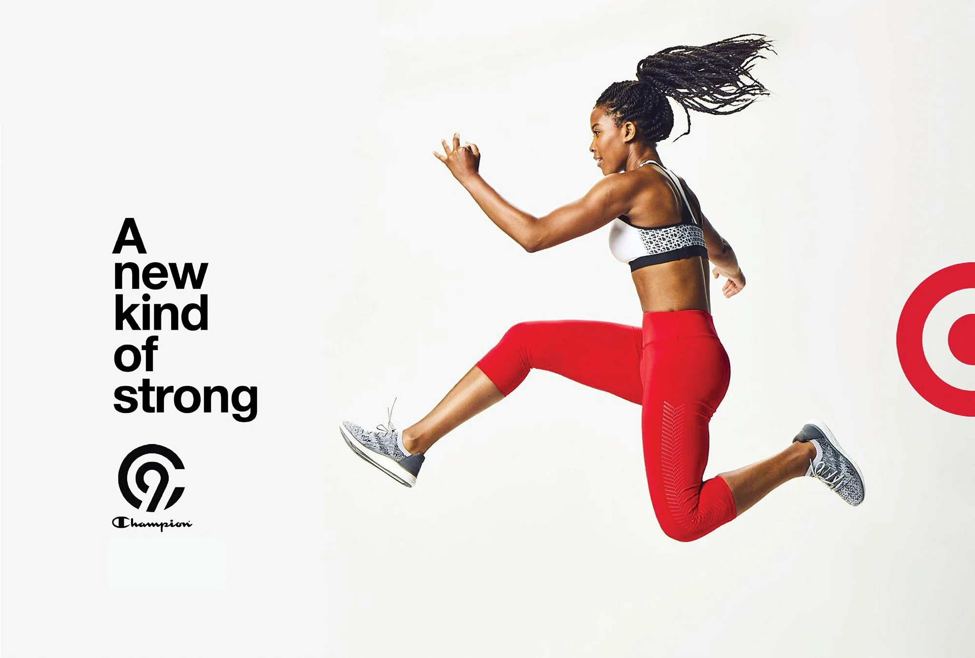 A woman with braided hair wearing a sports bra, red leggings, and running shoes, appears to be jumping or running in mid-air against a plain background with text promoting strength and challenge.