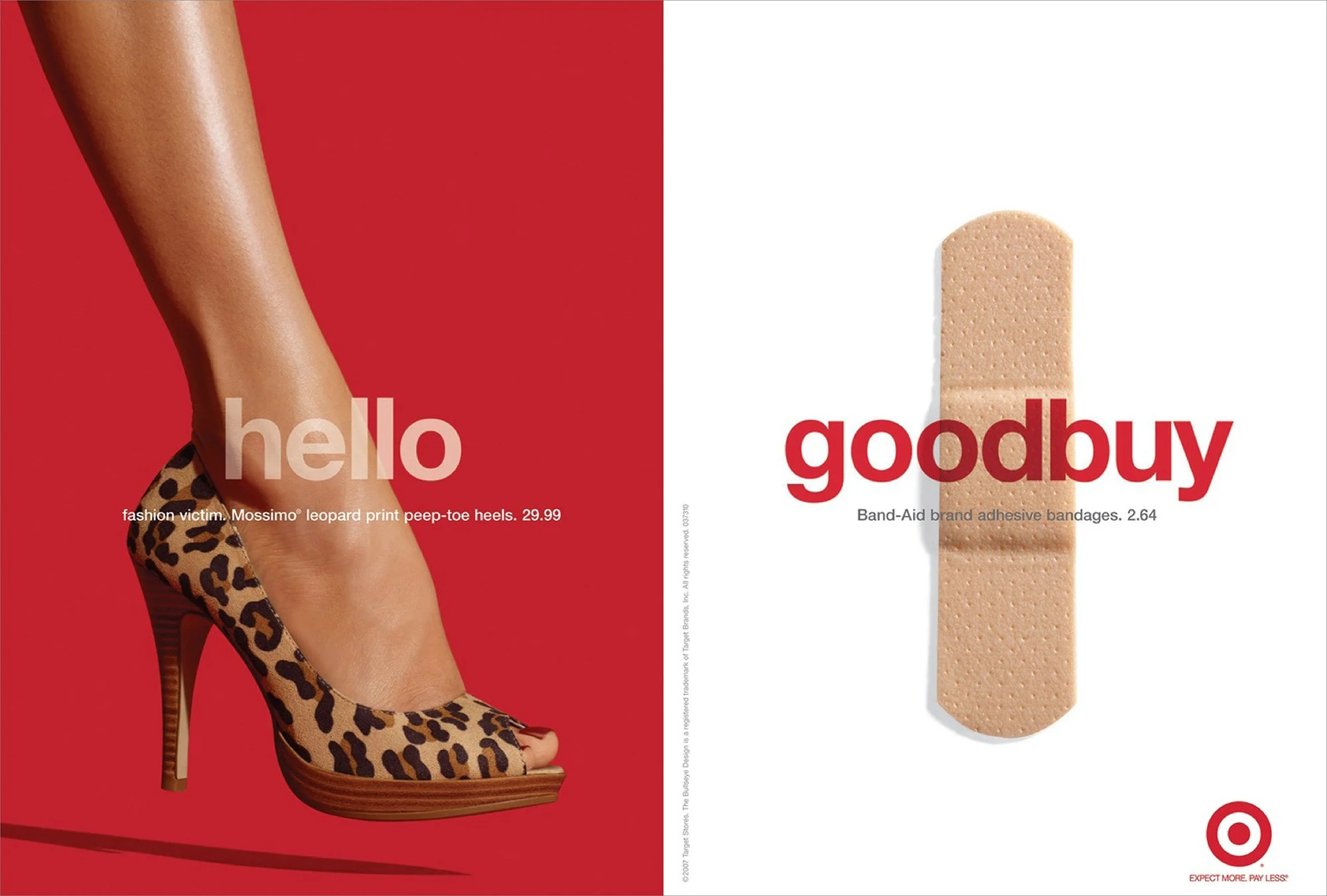 Side-by-side advertisement with the word "hello" on the left and a leopard print high heel shoe, and the word "goodbuy" on the right with a beige adhesive bandage.