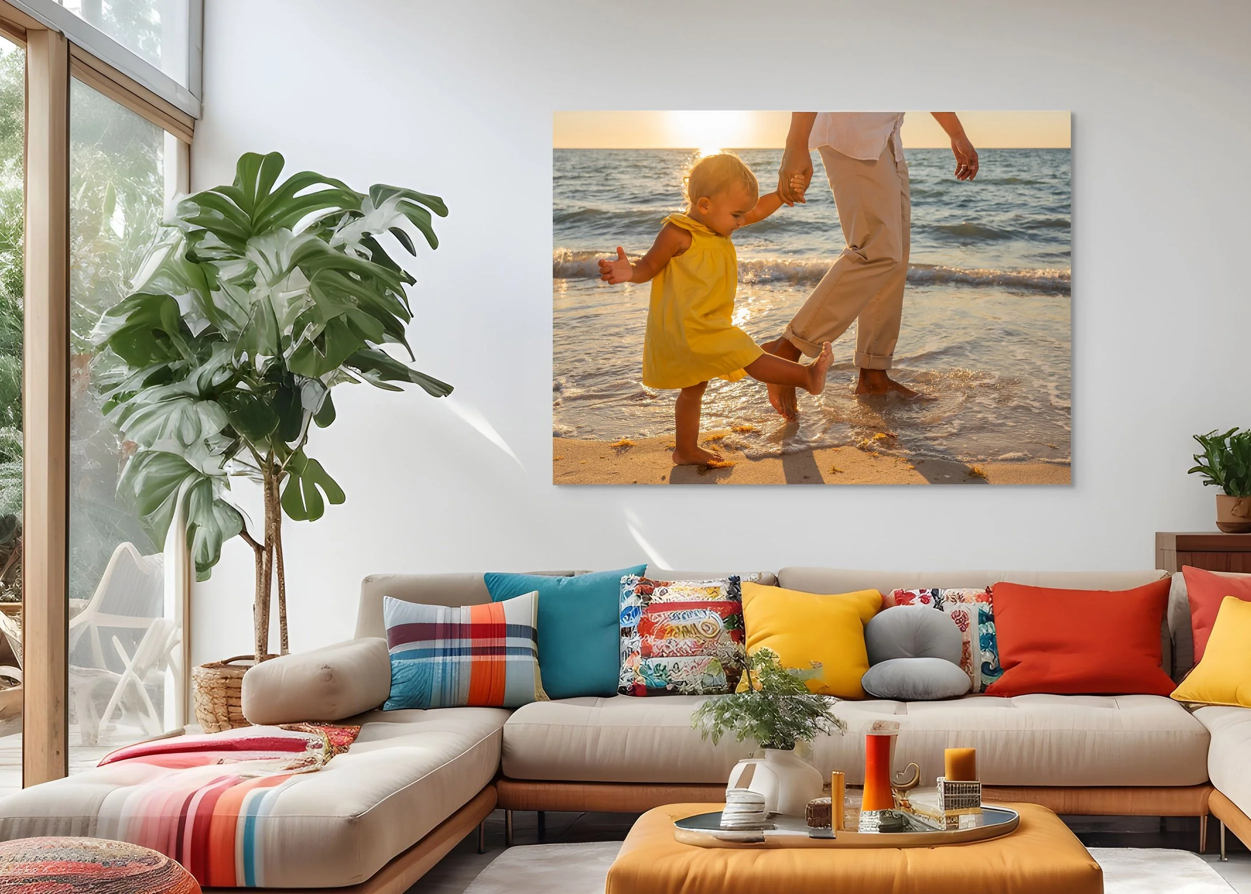 Living room with colorful cushions on a beige sofa, a yellow ottoman, a large wall art of a child and adult holding hands on the beach at sunset, and a large houseplant near the window.